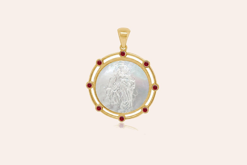 Necklace 14kt Gold Mother Pearl Ruby Medal, Our Lady of Mount Carmel, Pendant