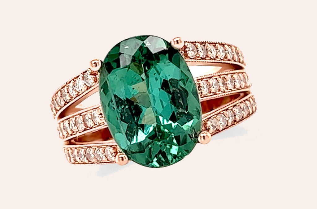 Ring 14kt Gold Oval Green Tourmaline & Diamonds Split Shank