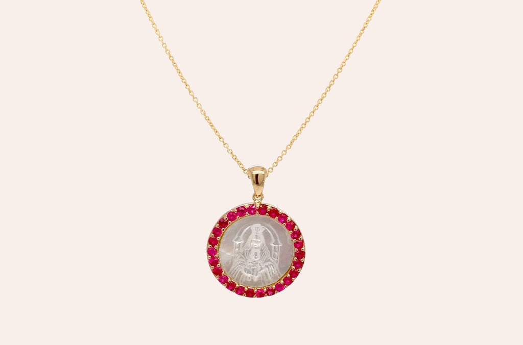 Medal Mother of Pearl Our Lady of Coromoto | Virgen de Coromoto 14kt Gold & Rubies