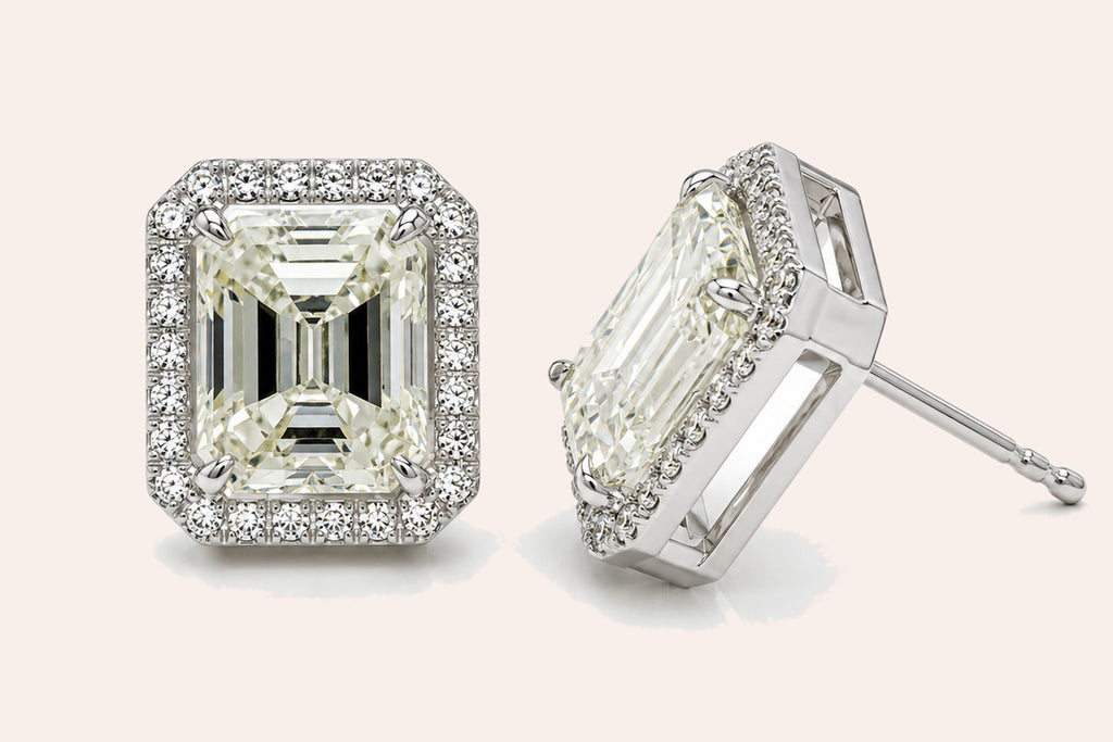 Earrings 18kt Natural Emerald Cut Diamonds 5.24 cts GIA and Halo