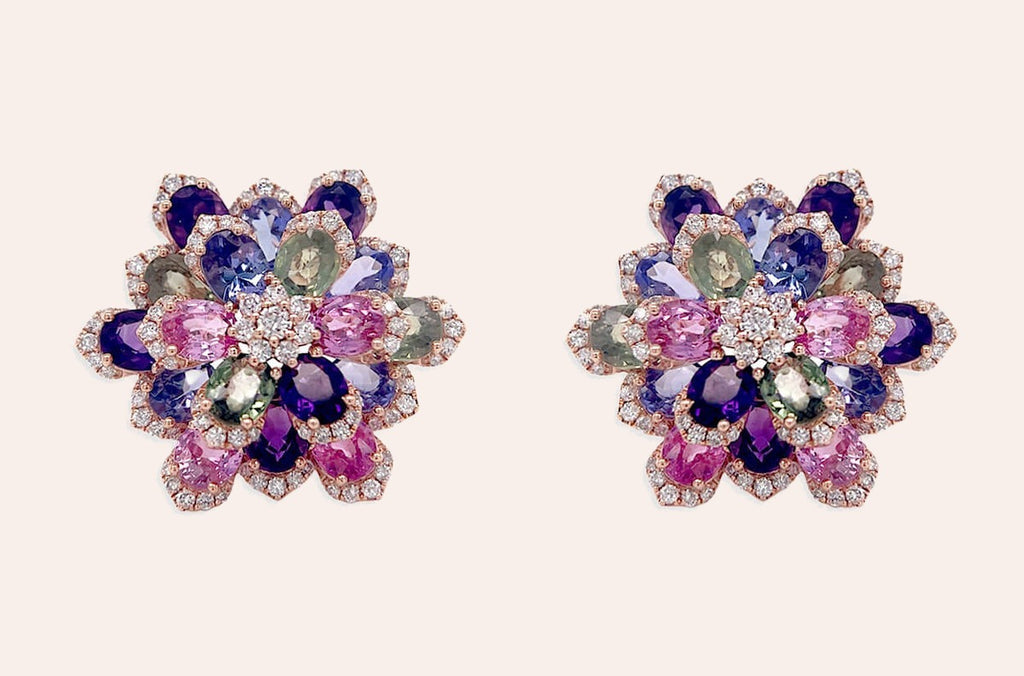 Earrings 18kt Gold Flowers Multicolor Gemstones & Diamonds