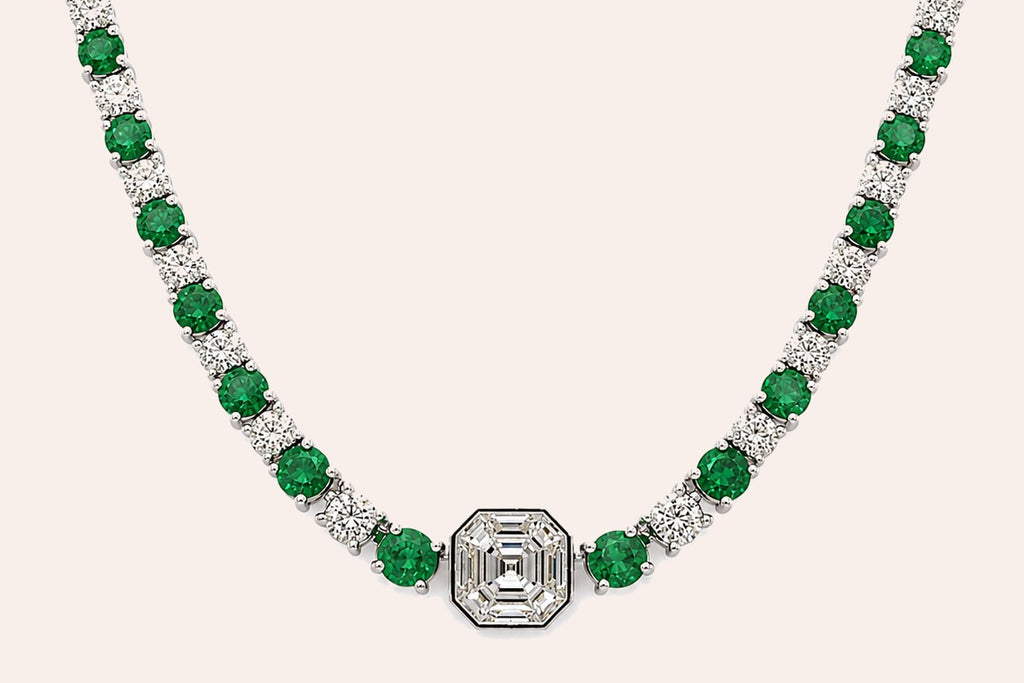 Necklace 14kt Gold Round Emeralds and Diamonds Tennis