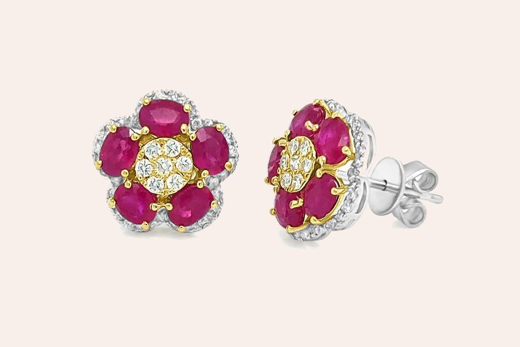 Earrings 18kt Yellow and White Gold Rubies & Diamonds Flowers
