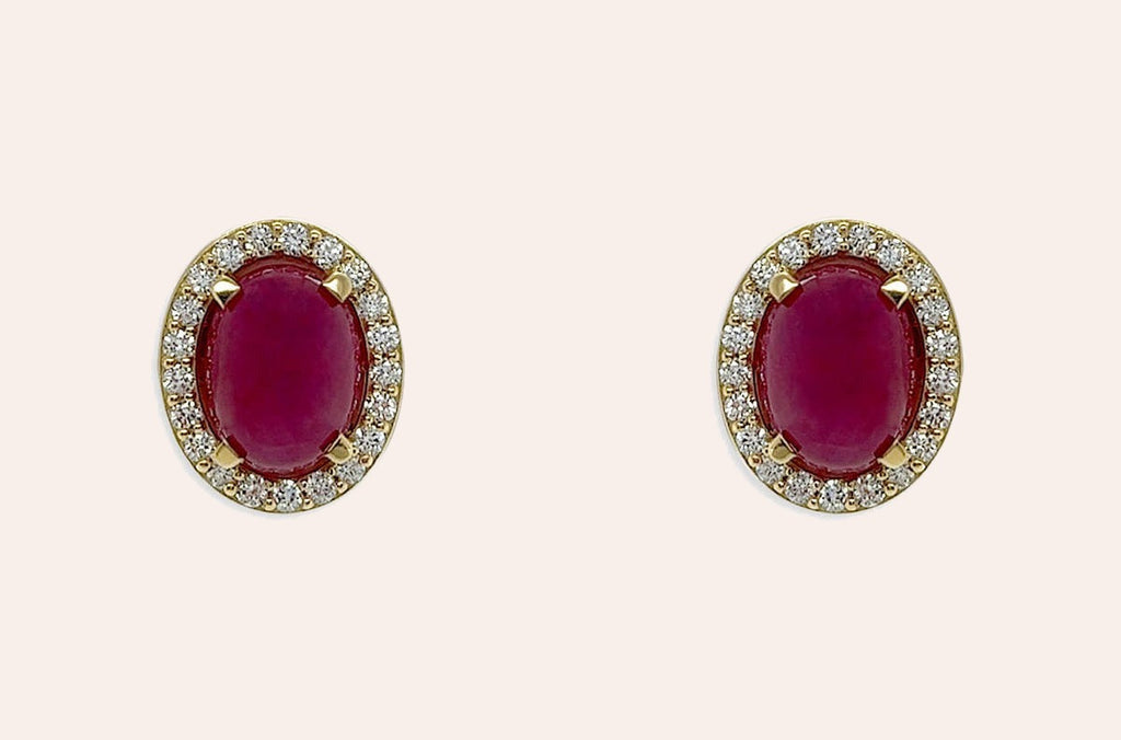 Earrings 18kt Gold Oval Ruby Cabochons & Diamonds Studs