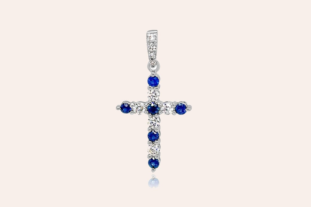 Pendant 18kt Gold Round Diamonds & Sapphires Cross