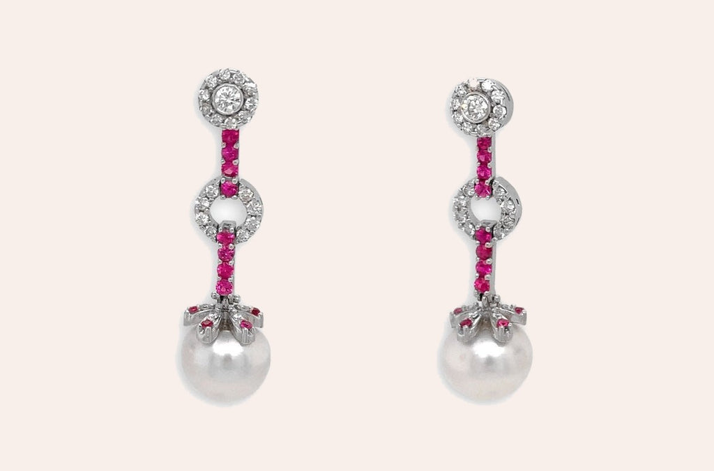 Earrings 18kt Gold Pink Sapphires with Pearls & Detachable Diamonds