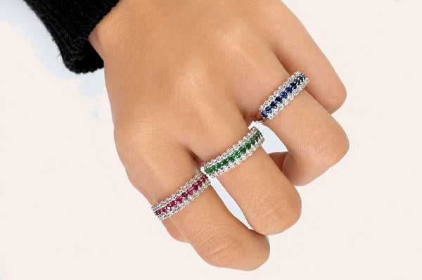 Ring 18kt Gold 3-Row Band Emeralds & Diamonds