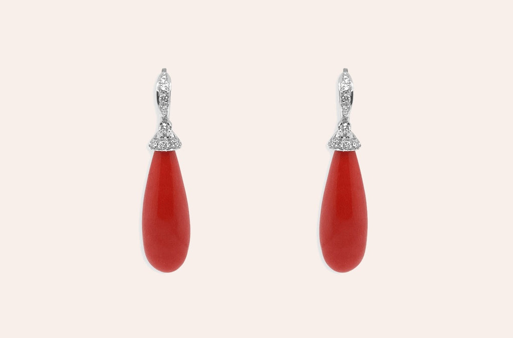 Earrings 14kt White Gold Coral Tear & Diamonds
