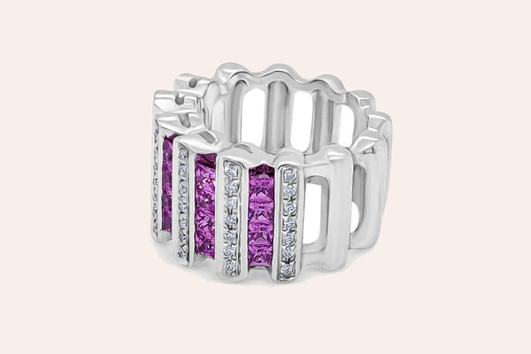 Ring 18Kt Gold Diamonds and Princess Cut Pink Sapphires