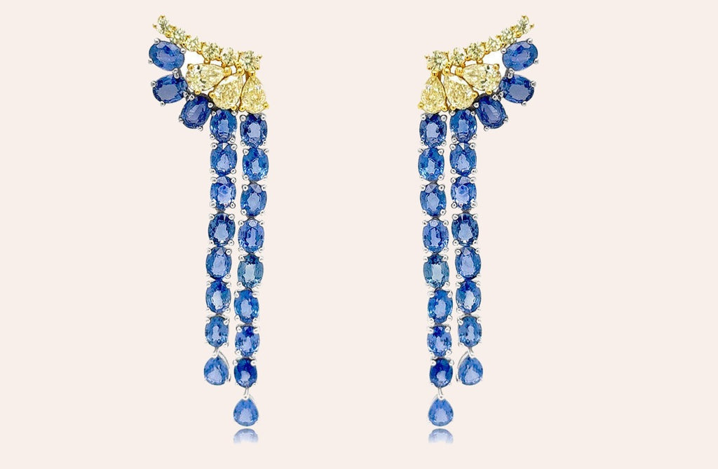 Earrings 18kt Gold Blue Sapphires Two Line Drops and Diamonds