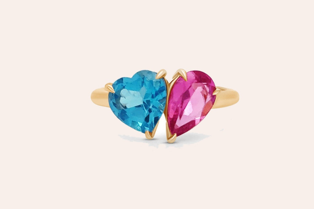Ring 18Kt Gold Pear Tourmaline and Heart Shape Blue Topaz