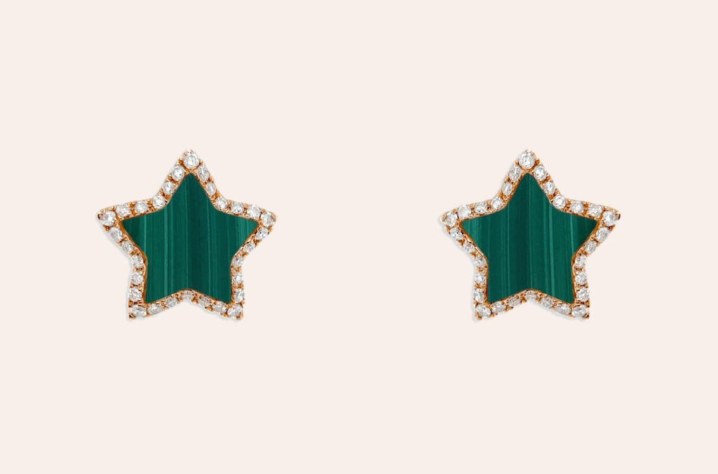 Earrings 18kt Gold Stars Malachite & Diamonds Halo Studs