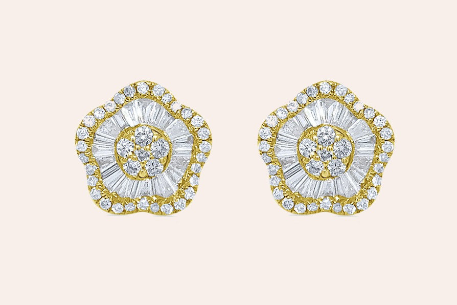 Earrings 18kt Yellow Gold Baguette & Round Diamonds Flowers