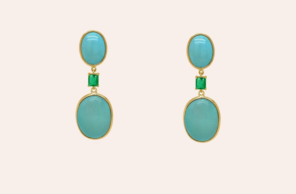 Earrings 18kt Gold Turquoise Ovals with Emeralds