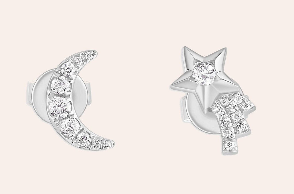 Earrings 14kt Gold Moon & Shooting Star with Diamonds