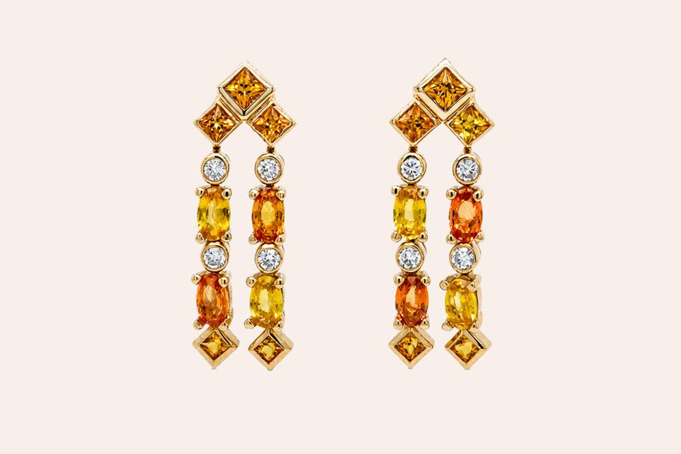 Earrings 18kt Gold yellow and Orange Sapphires with Diamonds