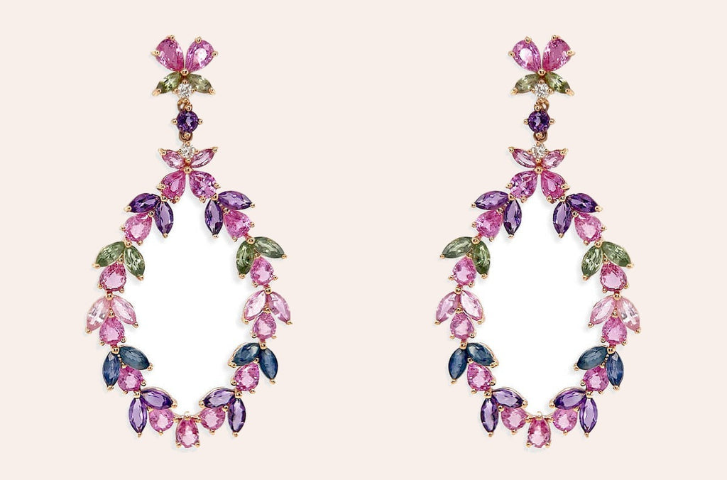 Earrings 18kt Gold Floral Sapphires Amethyst & Diamonds Drop