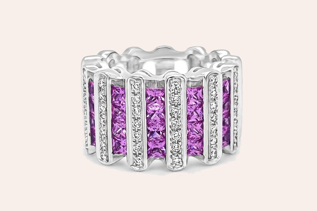 Ring 18Kt Gold Diamonds and Princess Cut Pink Sapphires