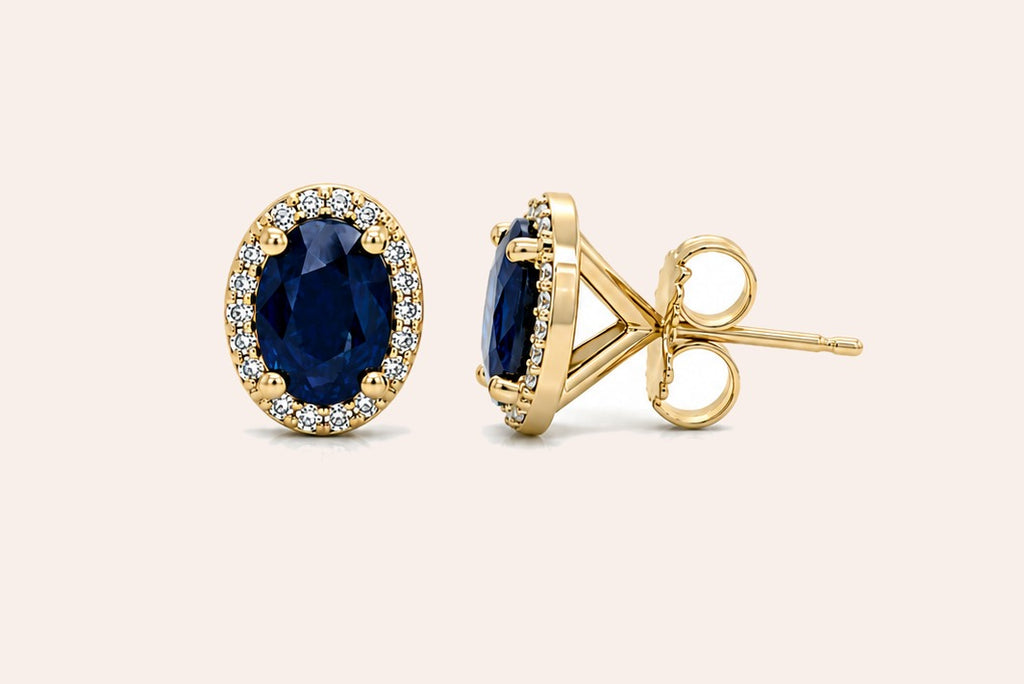 Earrings 14Kt Gold Oval Blue Sapphires & Halo Round Diamonds Studs
