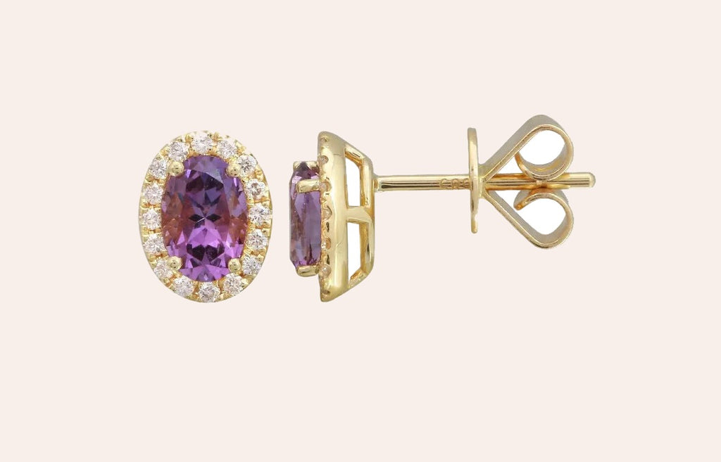 Earrings 14Kt Gold Oval Amethyst & Halo Round Diamonds Studs