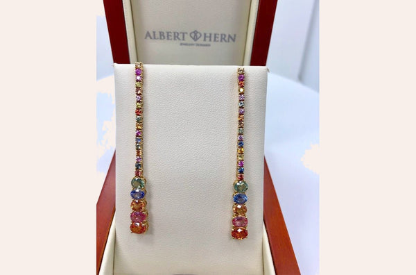 Earrings 18kt Gold Multicolor Sapphires in Line