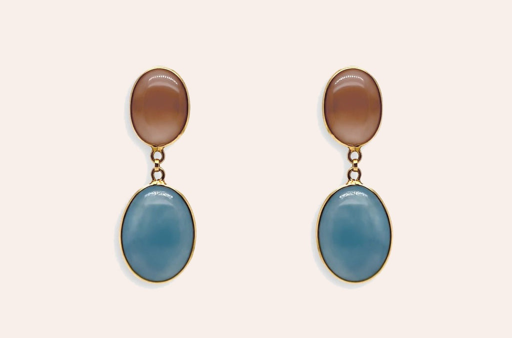 Earrings 18kt Gold Aquamarine & Moonstone Ovals