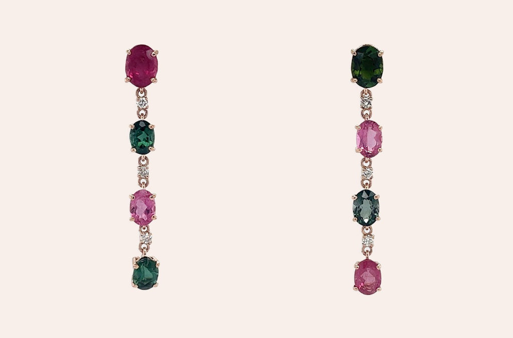 Earrings 18kt Gold Multicolor Oval Tourmaline & Diamonds Drops
