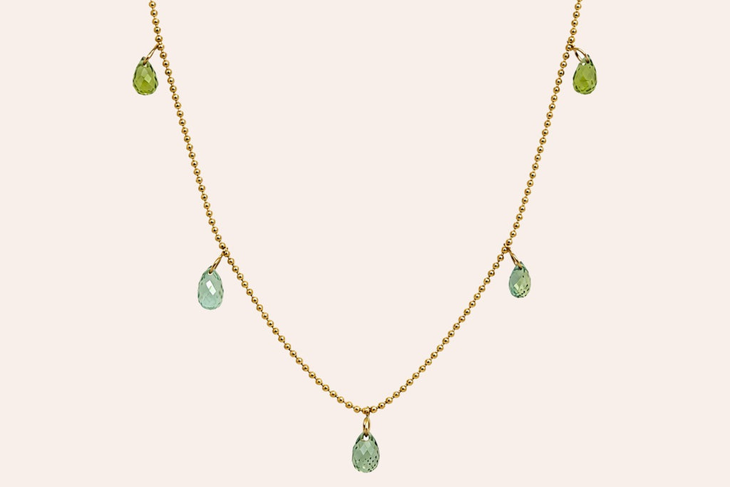 Necklace 14kt Gold Shaker 5 Green Sapphires