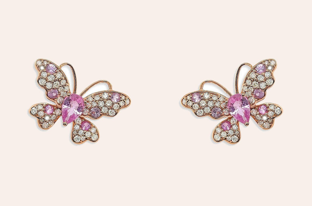 Earrings 18kt Gold Pink Sapphire & Diamonds Butterflies