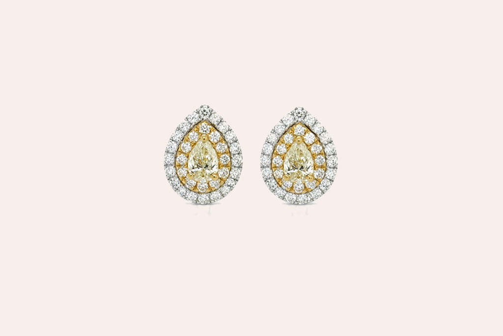 Earrings Pear Shape Yellow Diamonds & Double Diamonds Halo