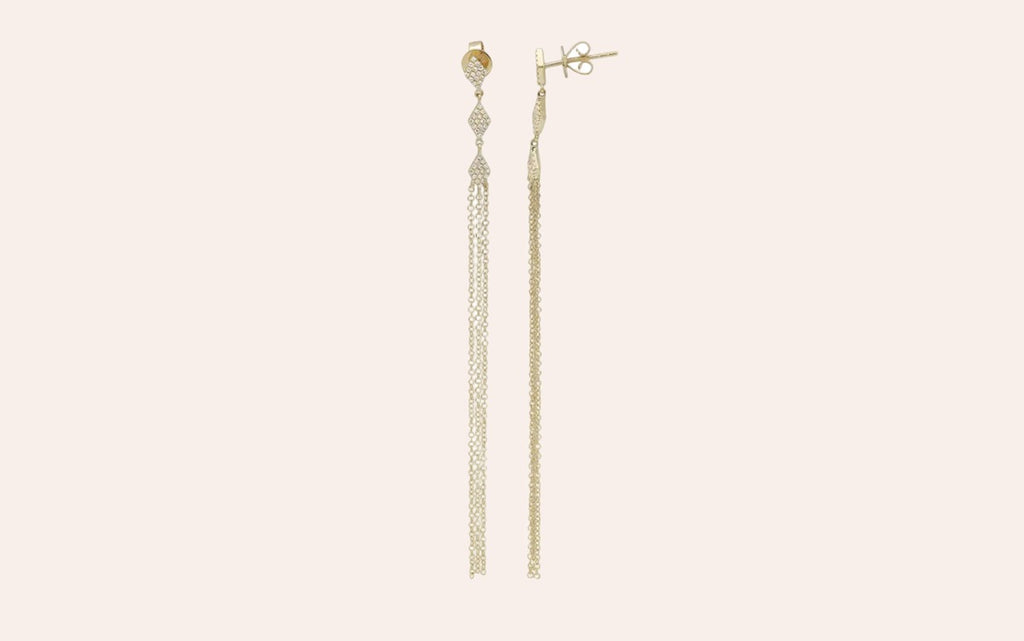 Earrings 14kt Gold rhombus-shaped Diamonds and rain of Chains