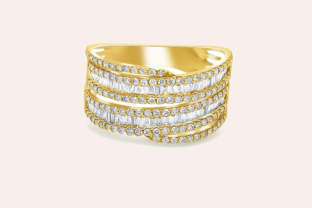 Ring 18kt Yellow Gold Round & Baguette Diamonds Double Band