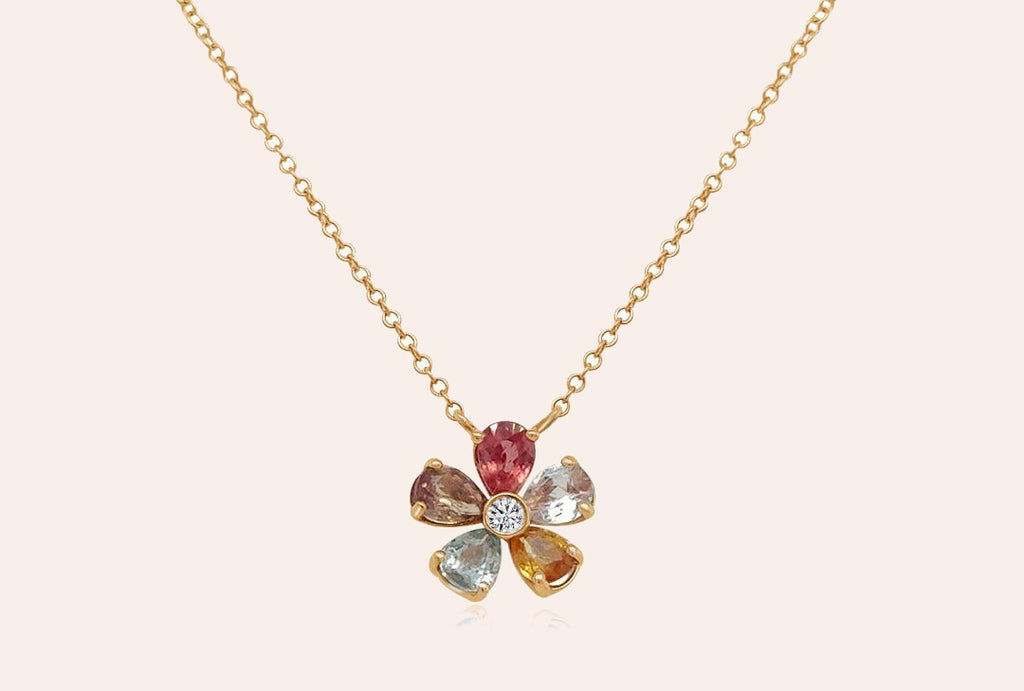 Necklace 14kt Rose Gold Multicolor Flower and Central Diamond