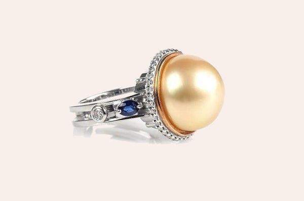 Ring South Sea Golden Pearl with Diamonds & Blue Sapphire