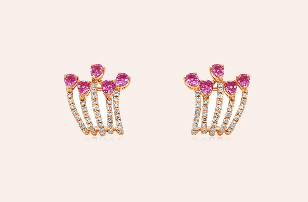 Earrings 18kt Gold Pear Pink Sapphires & Round Diamonds Lobe Studs