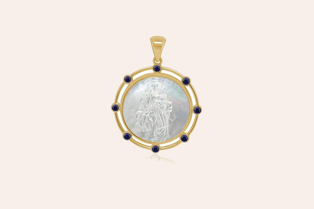 Necklace 14kt Gold Mother Pearl Sapphires Medal Pendant