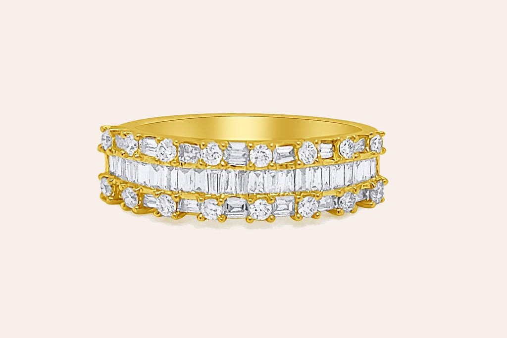 Ring 18kt Yellow Gold Round & Baguette Diamonds Half Band