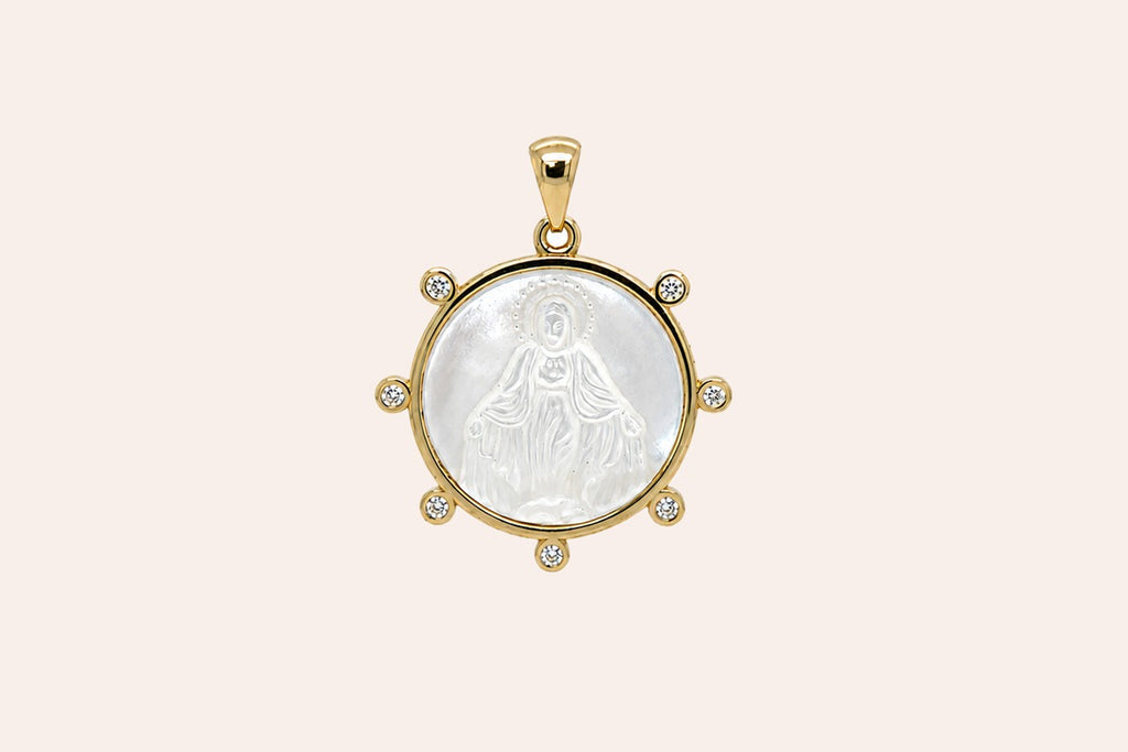 Necklace 14kt Gold Mother Pearl Diamonds Medal Pendant