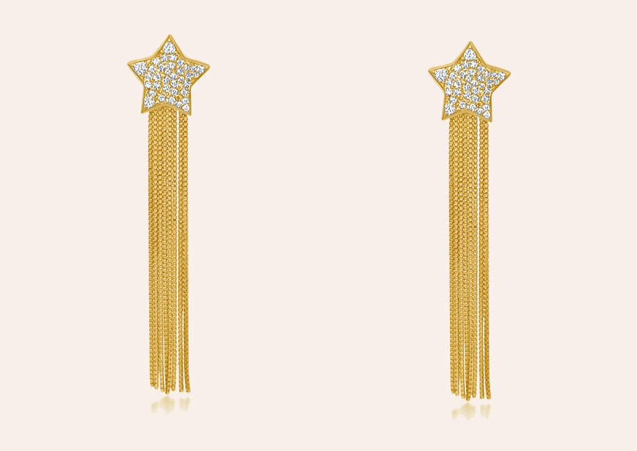 Earrings 14kt Gold Star with Diamonds and rain of Chains