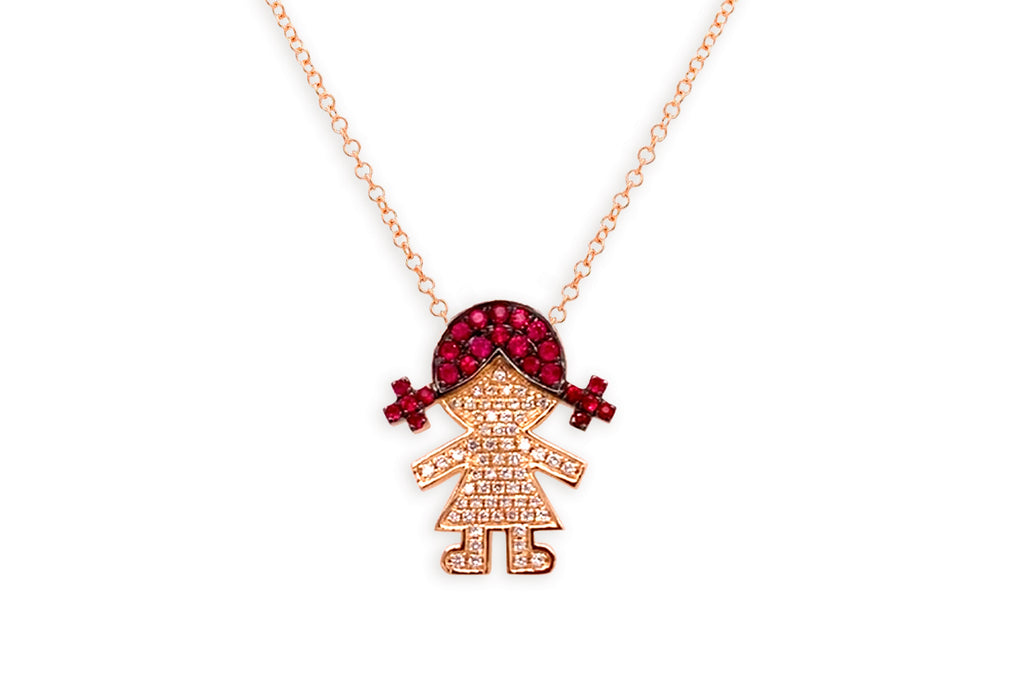 Necklace 18kt Gold Girl with Ruby Hair & Diamonds