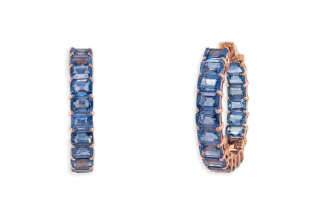 Earrings 18kt Gold & Emerald Cut Blue Sapphires Hoops