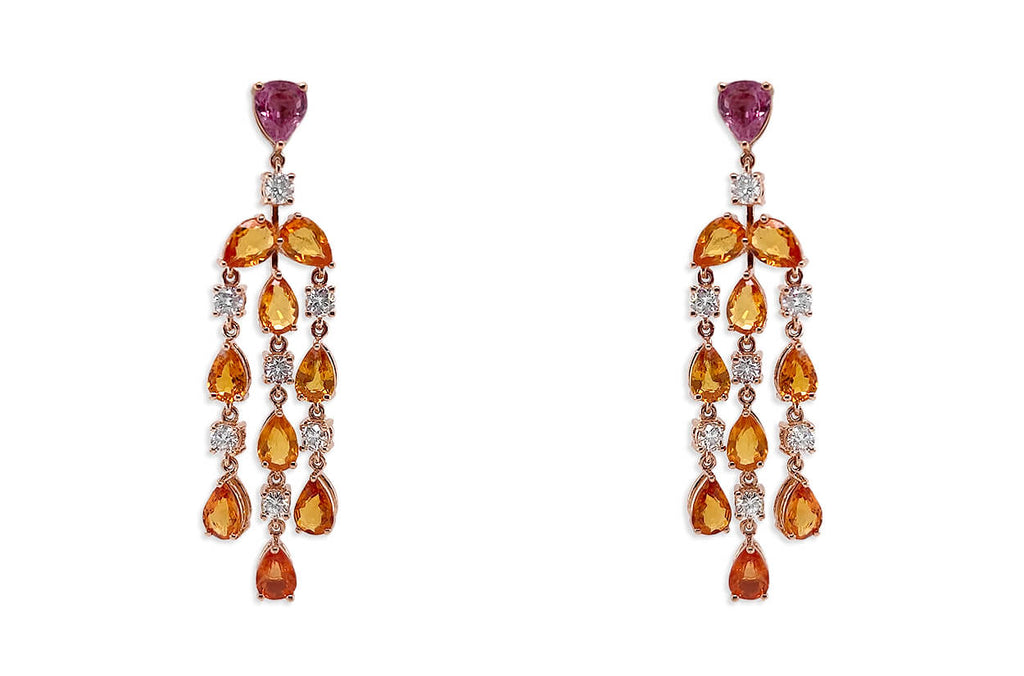 Earrings 18kt Gold Orange Pear Sapphires & Diamonds Chandelier