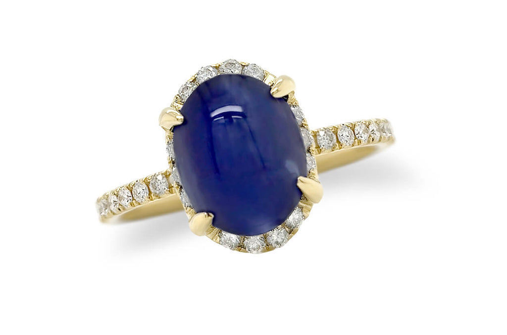 Ring 18kt Gold Oval Blue Sapphire Cabochon & Diamonds