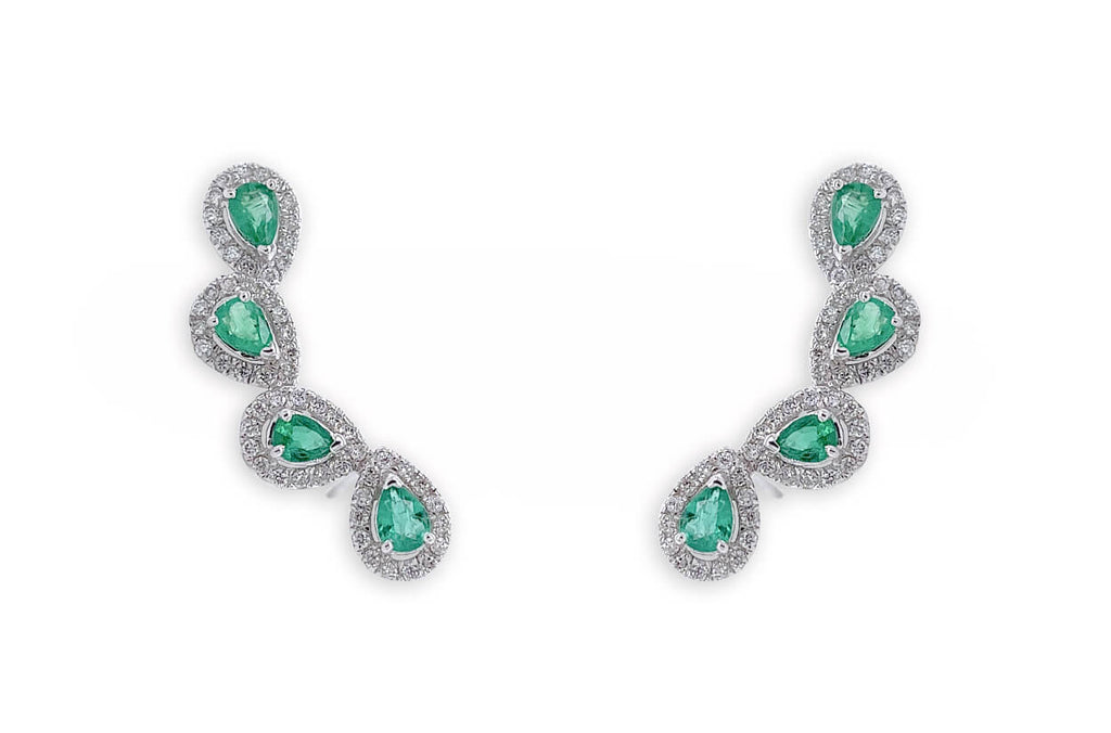 Earrings 18kt Gold Climbers Pear Emeralds with Diamonds Halo