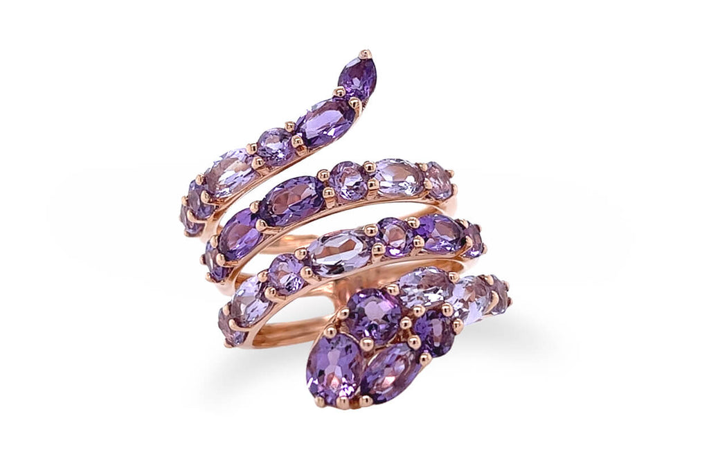 Ring 18kt Gold Coiled Snake Oval & Round Amethysts
