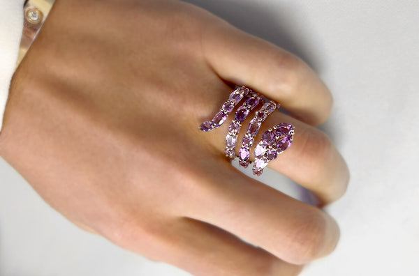 Ring 18kt Gold Coiled Snake Oval & Round Amethysts