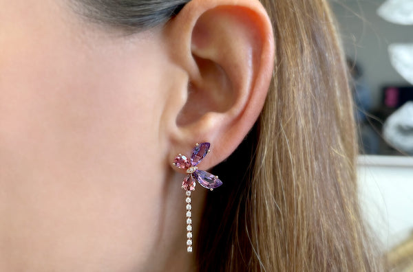 Earrings 18kt Gold Butterflies Amethyst Tourmalines & Diamonds Drop