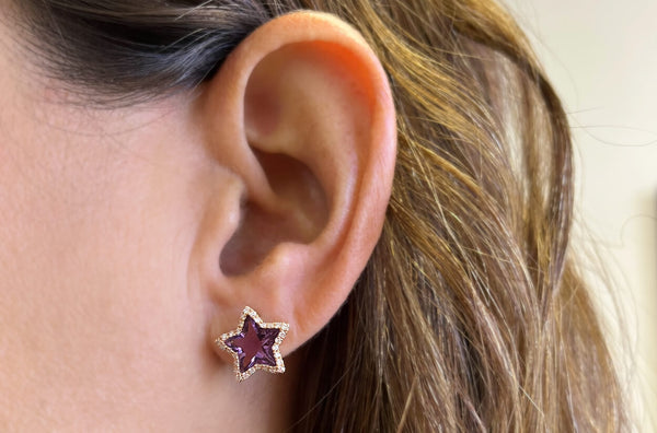 Earrings 18kt Gold Stars Amethyst & Diamonds Halo Studs
