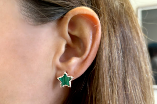 Earrings 18kt Gold Stars Malachite & Diamonds Halo Studs