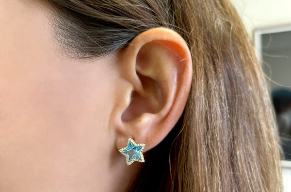 Earrings 18kt Gold Stars Blue Topaz & Diamonds Halo Studs